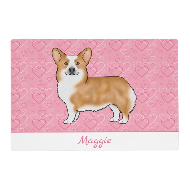 Red Pembroke Welsh Corgi On Pink Hearts With Name Placemat (Front)