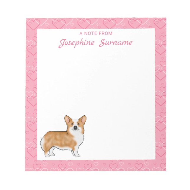 Red Pembroke Welsh Corgi On Pink Hearts With Text Notepad (Front)