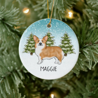 Red Pembroke Welsh Corgi Winter Forest Christmas Ceramic Ornament