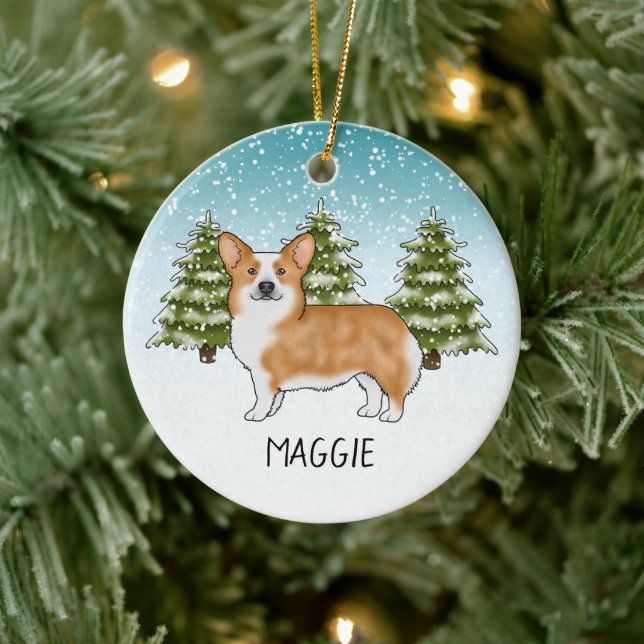Red Pembroke Welsh Corgi Winter Forest Christmas Ceramic Ornament (Tree)