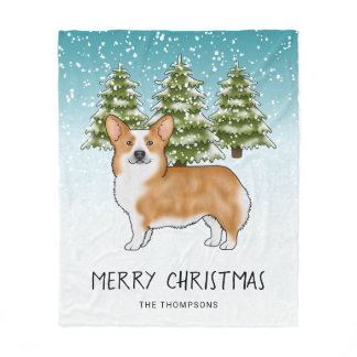 Red Pembroke Welsh Corgi Winter Forest Christmas Fleece Blanket