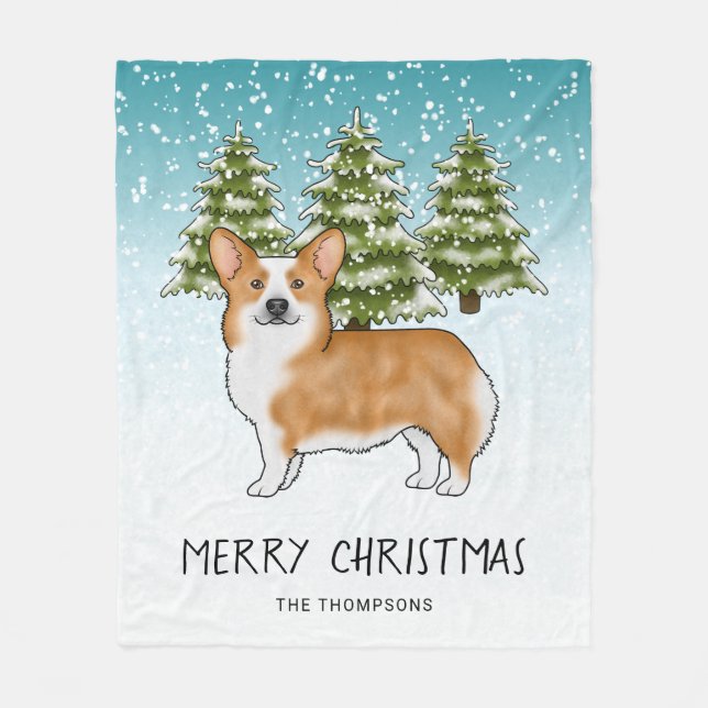 Red Pembroke Welsh Corgi Winter Forest Christmas Fleece Blanket (Front)