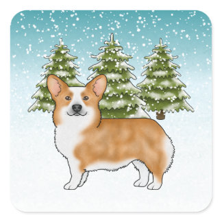 Red Pembroke Welsh Corgi Winter Forest Christmas Square Sticker