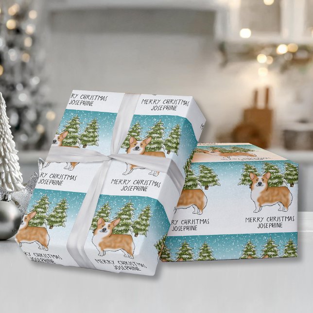 Red Pembroke Welsh Corgi Winter Forest Christmas Wrapping Paper (Creator Uploaded)
