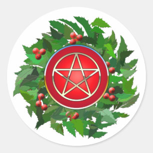 Red Pentacle on Holly Wreath Classic Round Sticker