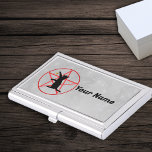 Red Pentagram Circle Black Cat Dangling Star Grey Business Card Case<br><div class="desc">This metal business card holder case has a pentagram inside a circle in shades of red with a black cat silhouette with raised paw dangling a gold star on a light grey background.  Customise your text or name with the template.</div>