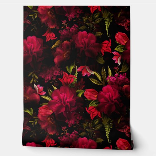 Red Peonies And Roses Mystic dark moody florals Wallpaper