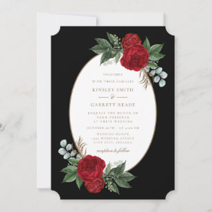 Red Peonies Elegant Black & Gold Wedding Invitation
