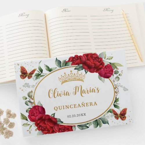 Red Peonies Floral Butterflies Gold Quinceanera Guest Book