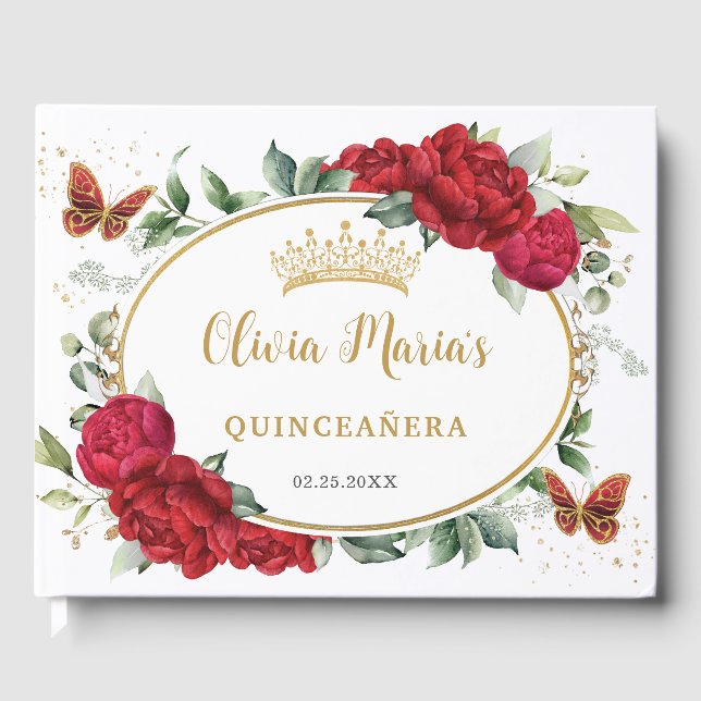 Red Peonies Floral Butterflies Gold Quinceanera Guest Book (Front)