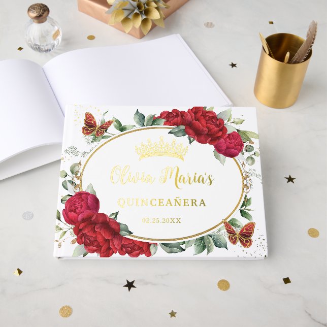 Red Peonies Floral Butterflies Quinceanera Gold Foil Guest Book (Front Open)