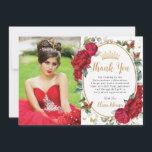 Red Peonies Floral Butterflies Quinceañera Photo Thank You Card<br><div class="desc">Personalize this boho chic red floral Quinceañera / Sweet 16 birthday photo thank you card easily and quickly. Simply click the customize it further button to edit the texts, change fonts and fonts colors. Featuring exquisite vibrant watercolor red peony flowers, a gold princess crown and red and gold butterflies. Matching...</div>