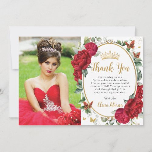 Red Peonies Floral Butterflies Quinceaera Photo Thank You Card