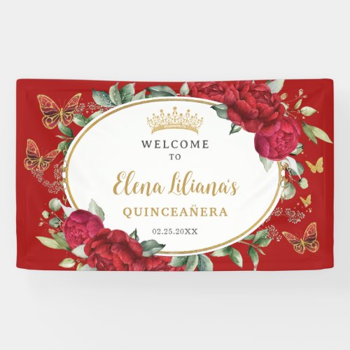Red Peonies Floral Butterflies Quinceaera Welcome Banner