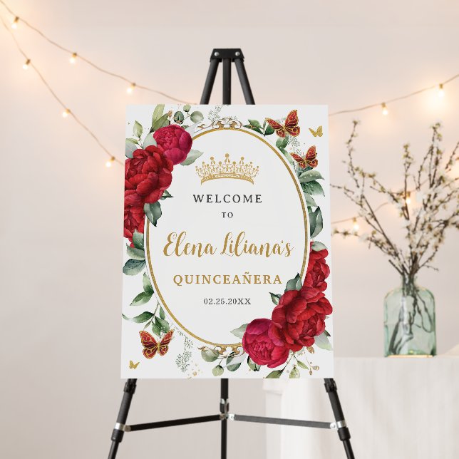 Red Peonies Floral Butterflies Quinceañera Welcome Foam Board (In Situ (Stand))