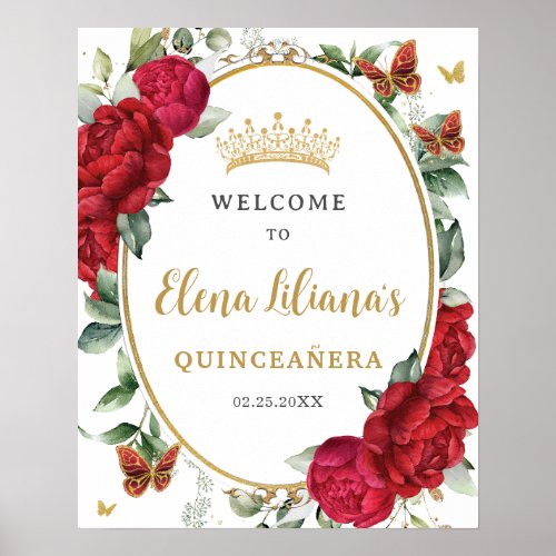 Red Peonies Floral Butterflies Quinceaera Welcome Poster
