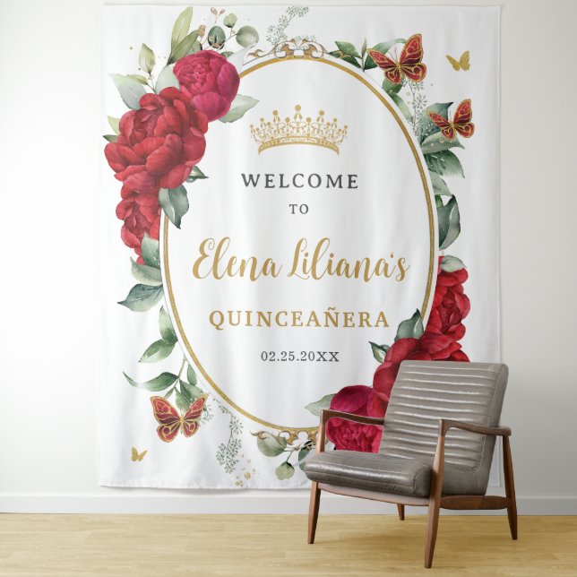 Red Peonies Floral Butterflies Quinceañera Welcome Tapestry (In Situ)