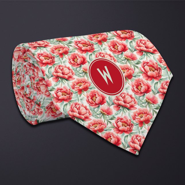 Red Peonies Floral  Neck Tie (Creator Uploaded)
