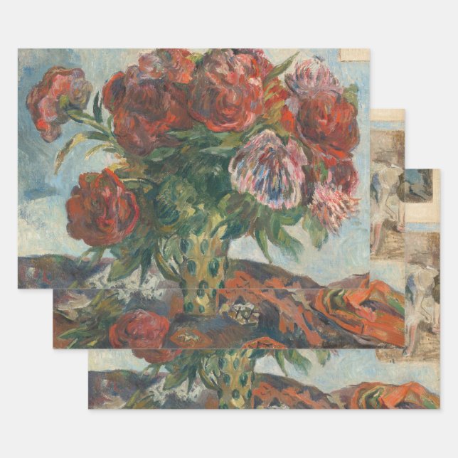 Red Peonies Flowers Paul Gaugin Art Wrapping Paper Sheets (Set)