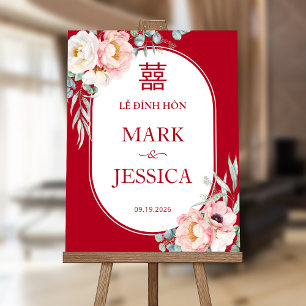 Red Peonies Vietnamese LỄ ĐÍNH HÔN Engagement Sign