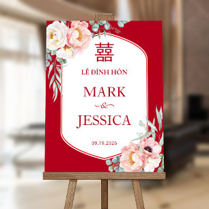 Red Peonies Vietnamese LỄ ĐÍNH HÔN Engagement Sign