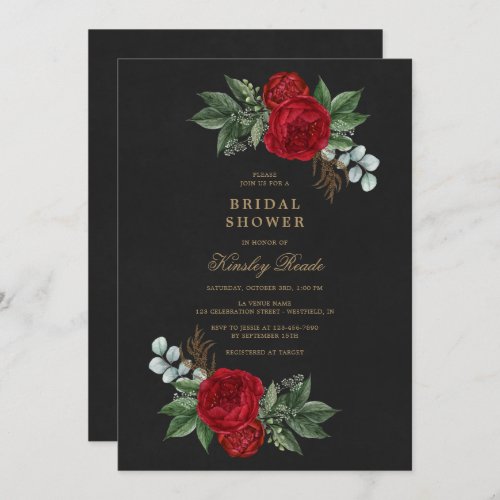 Red Peonies Watercolor Black Gold Bridal Shower Invitation