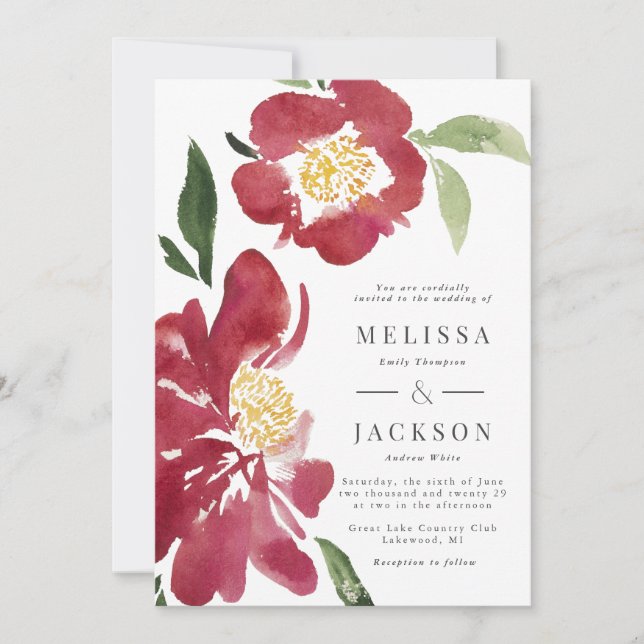 Red Peonies Wedding Invitation (Front)