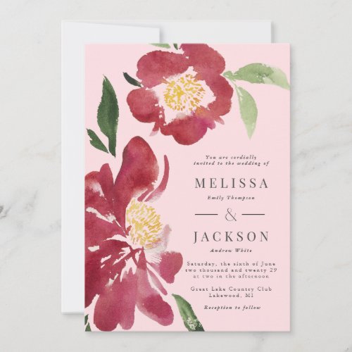 Red Peonies Wedding Invitation Blush