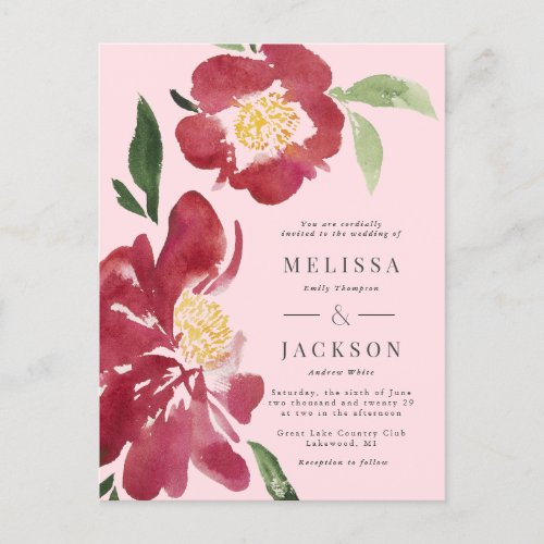 Red Peonies Wedding Invitation Blush Postcard