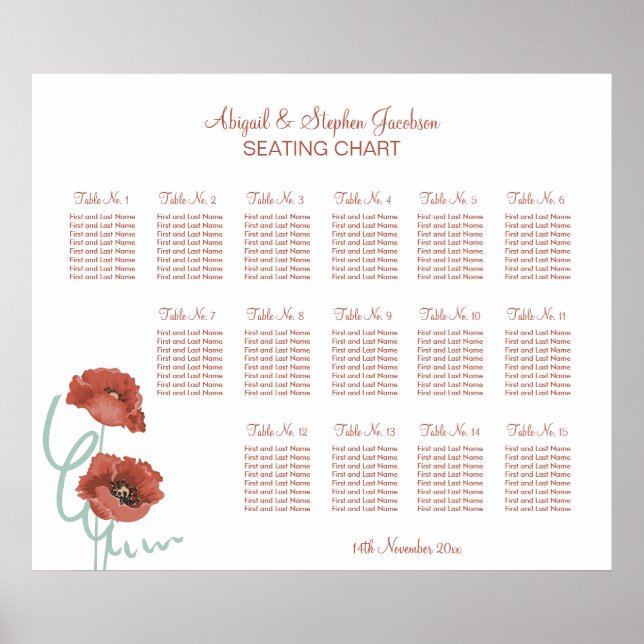 Red Peonies Wedding Seating Chart Poster (Front)
