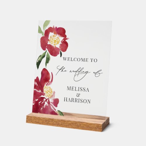 Red Peonies Wedding Welcome Acrylic Sign