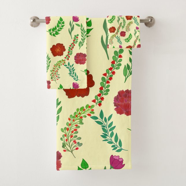 RED PEONY AND POPPY FLOWERS WITH GREEN LEAVES  BATH TOWEL SET (Insitu)