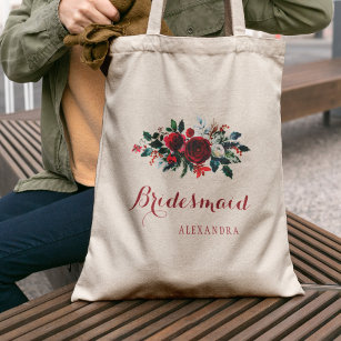 Red peony bouquet winter wedding bridesmaid tote bag