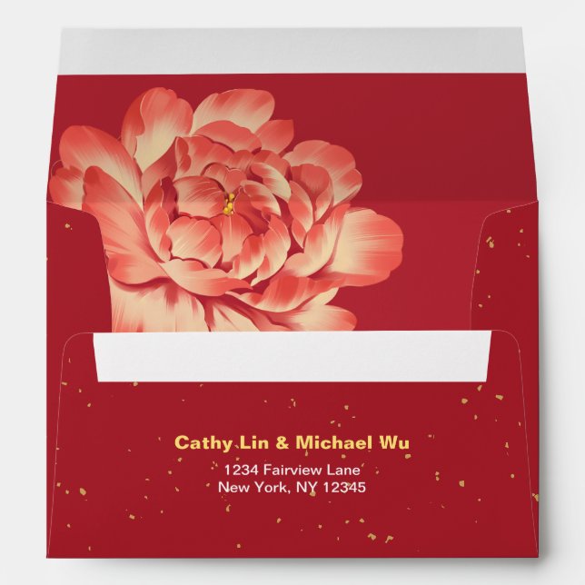 Red Peony Double Xi Chinese Wedding Invitation Envelope (Back (Bottom))