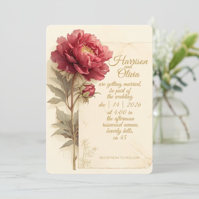 Red Peony Elegant Romantic Vintage Wedding Invitation (Standing Front)