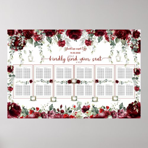 Red Peony Epiphany Wedding 240 Guest Seating Poster