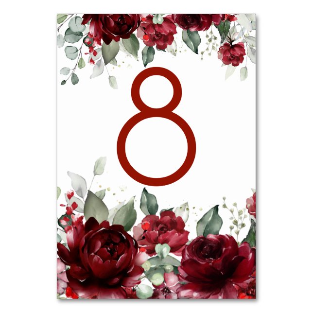 Red Peony Epiphany Wedding Table Number Card (Front)