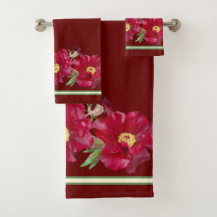 Red Peony Floral Border on Dark Red Background Bath Towel Set