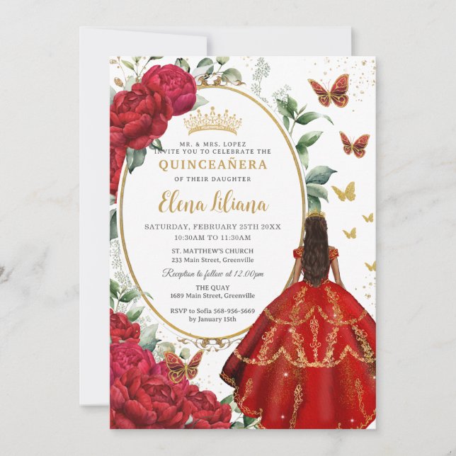 Red Peony Floral Brown Princess Dress Quinceañera  Invitation (Front)
