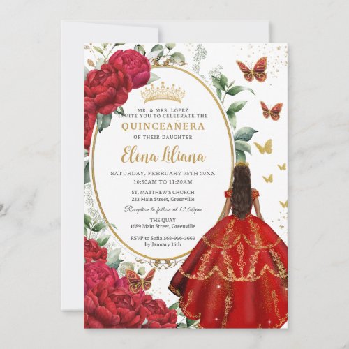 Red Peony Floral Brown Princess Dress Quinceaera  Invitation