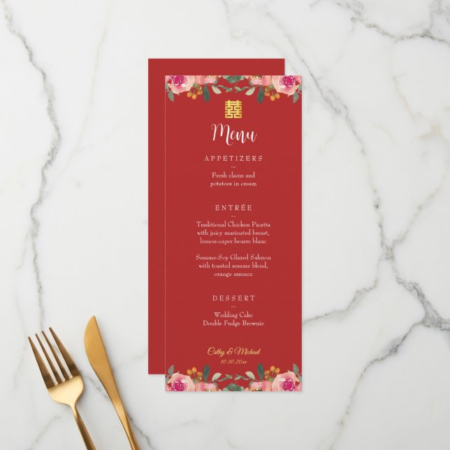 Red peony floral Chinese wedding double happiness Menu (Front/Back In Situ)
