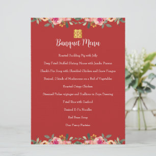 Red peony floral Chinese wedding double happiness Menu