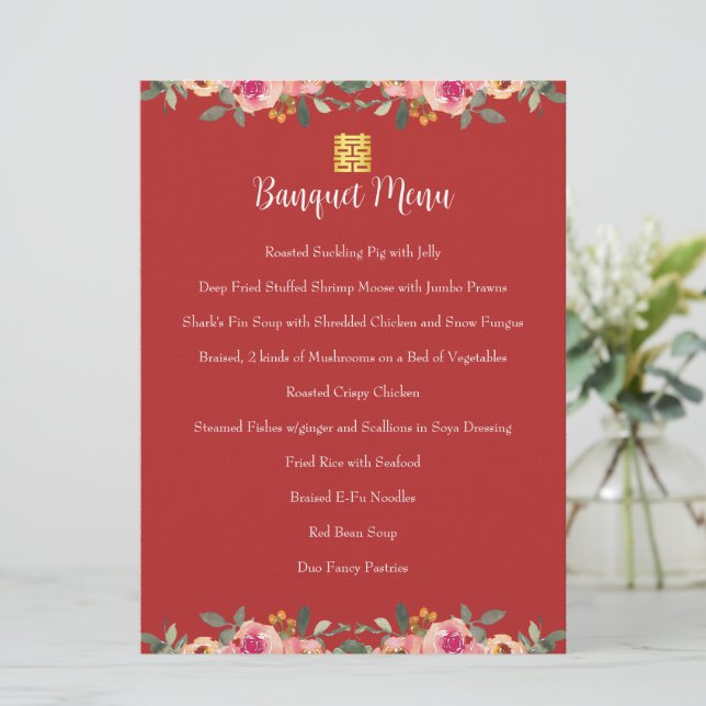 Red peony floral Chinese wedding double happiness  Menu (Standing Front)