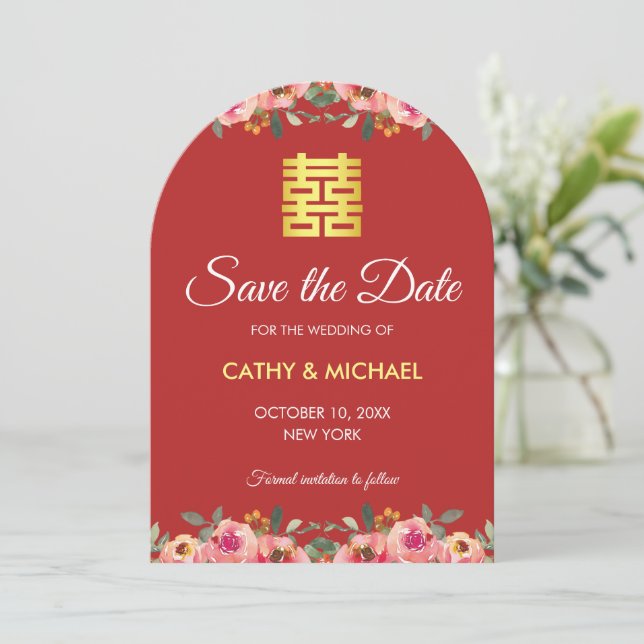 Red peony floral Chinese wedding double happiness Save The Date (Standing Front)