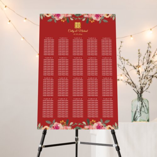 Red peony floral Chinese wedding seating chart Foam Board