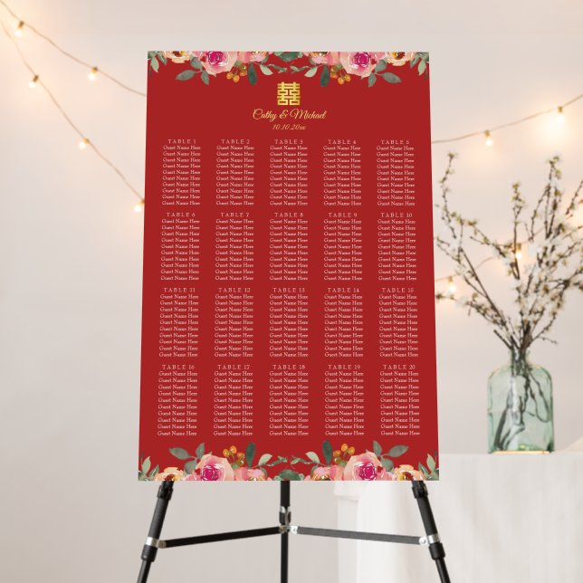 Red peony floral Chinese wedding seating chart Foam Board (In Situ (Stand))