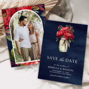 Red Peony Floral Mason Jar Navy Blue Wedding Photo Save The Date