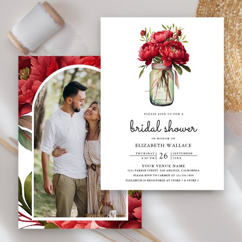 Red Peony Floral Mason Jar Photo Bridal Shower Invitation