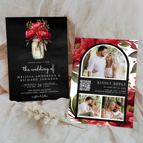 Red Peony Floral Mason Jar QR Code Black Wedding Invitation