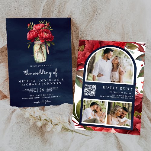 Red Peony Floral Mason Jar QR Code Blue Wedding Invitation